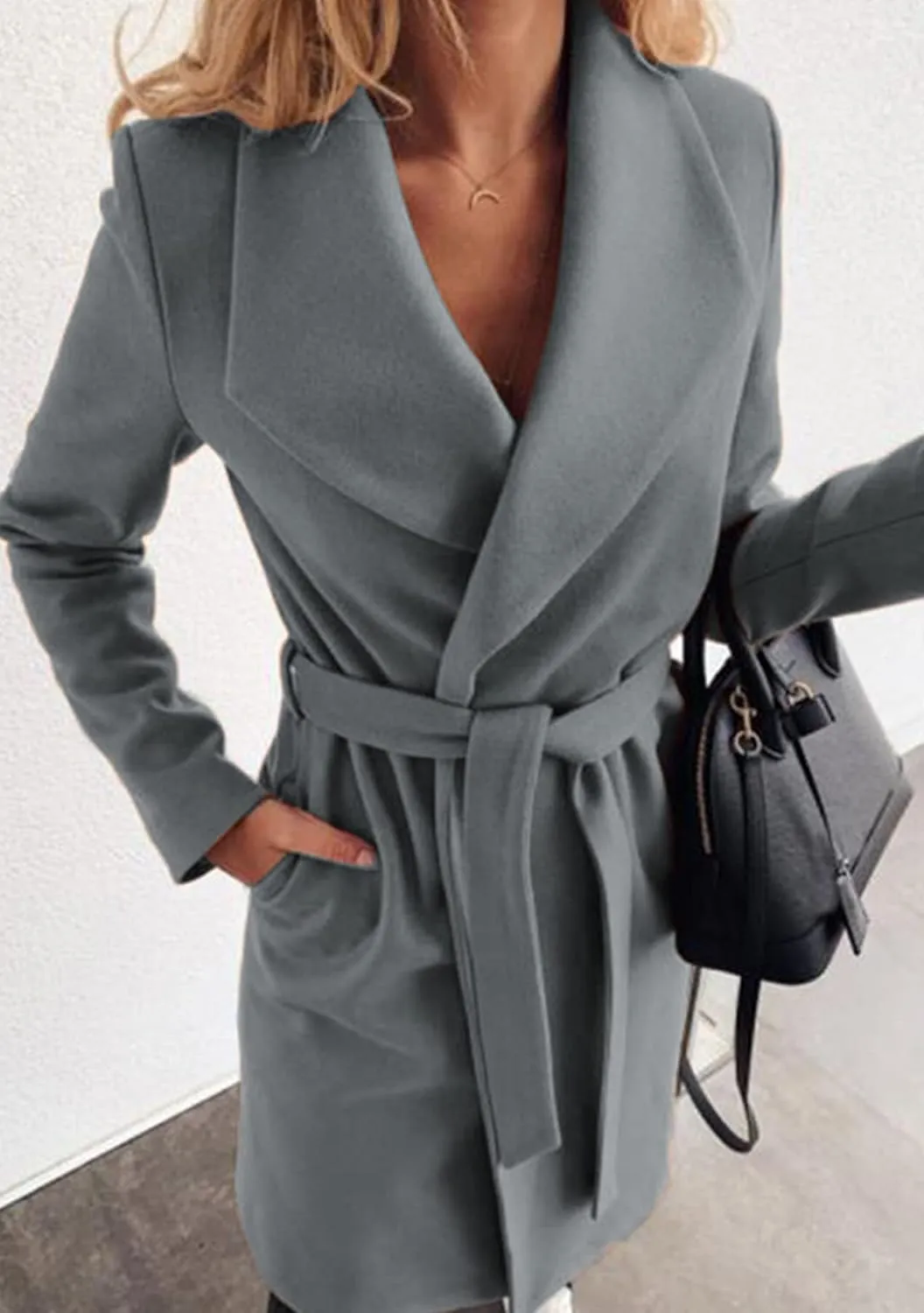 GRASWE Women's Woolen Mid-Length Fashion Lapel Collar Winter Blend Coat - Open Front Elegant Pea Coat