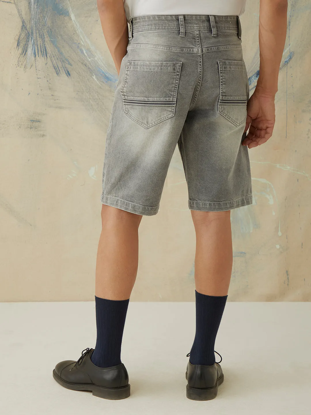 Grey Plain Denim Stretch Shorts