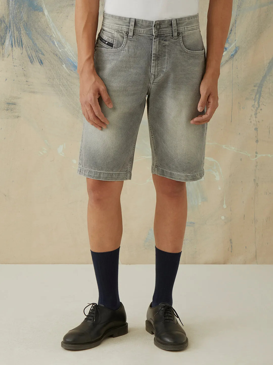 Grey Plain Denim Stretch Shorts