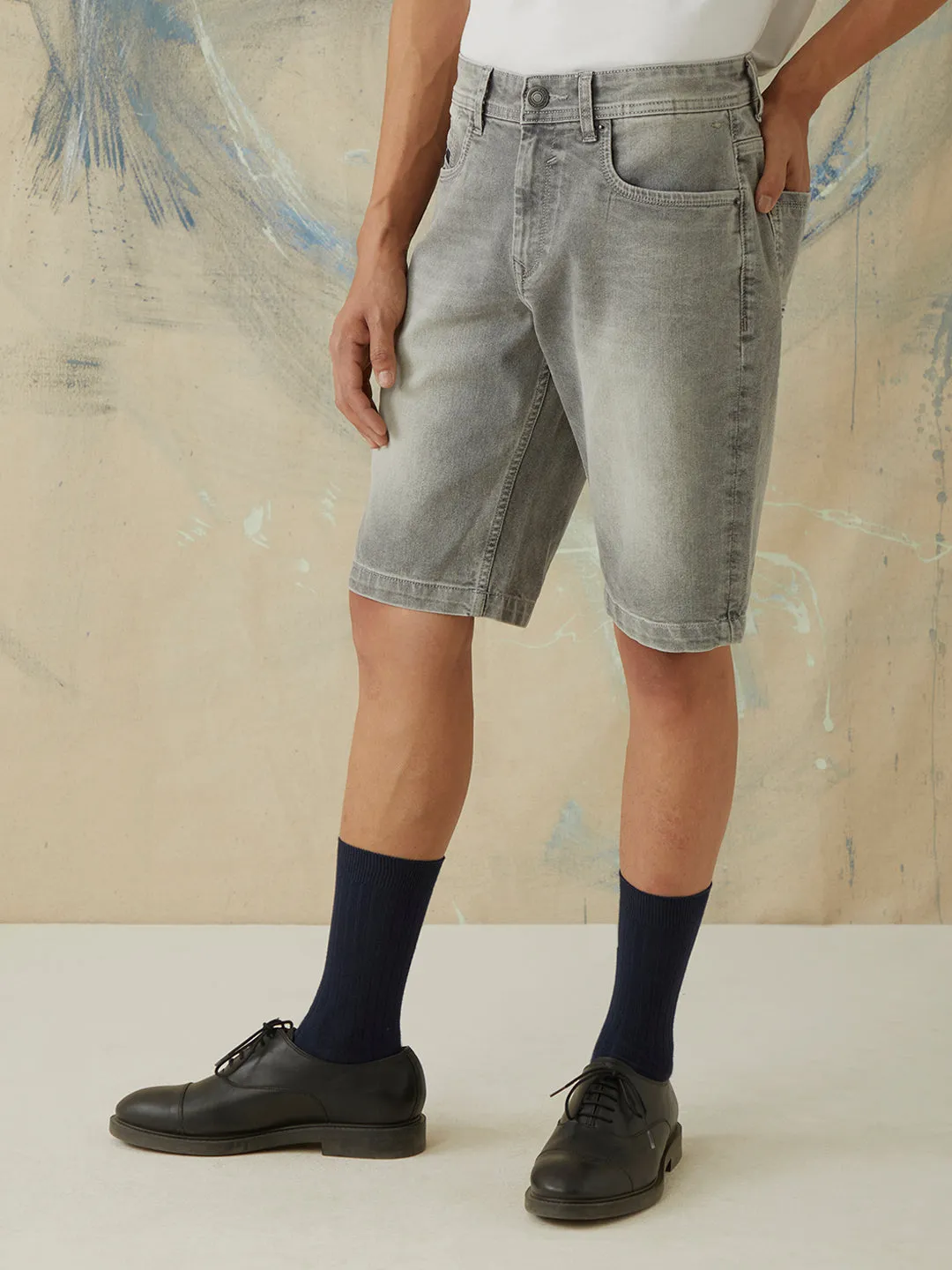 Grey Plain Denim Stretch Shorts