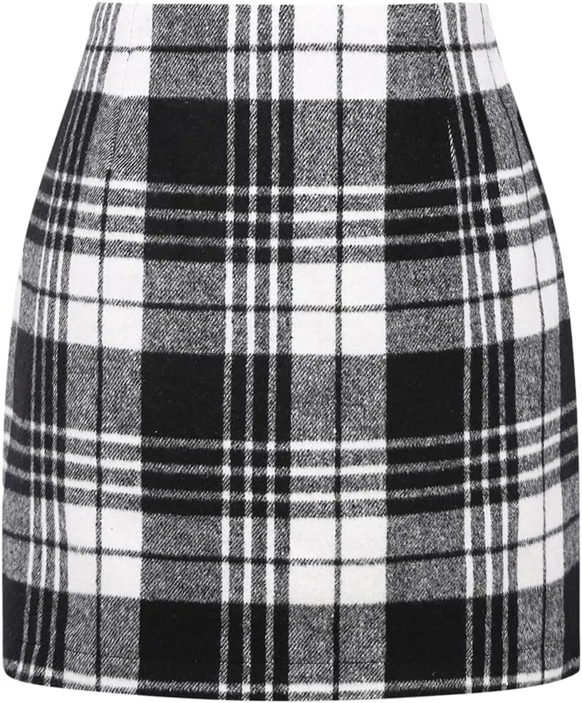 IDEALSANXUN Womens High Waist Plaid Skirt Bodycon Pencil Wool Mini Skirts