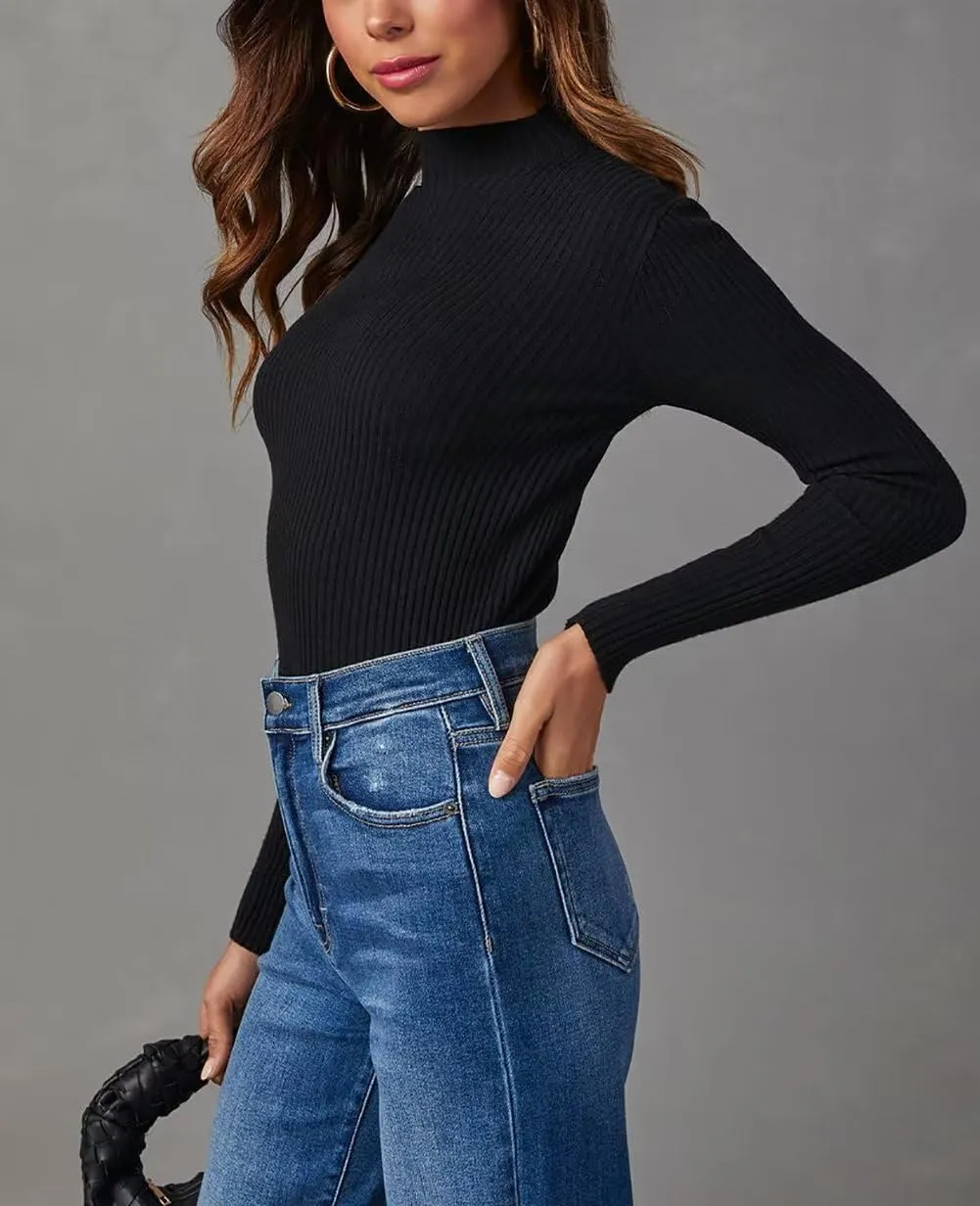 Lacozy Mock Turtle Necks Tops for Women Long Sleeve Ribbed Knit Sweater Slim Fit Basic Layer Shirts 2025 Fashion Spring Top