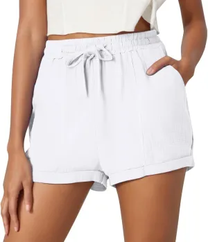 Linen Shorts for Women 2025 Summer Casual Shorts Comfy Elastic High Waisted Drawstring Beach Shorts Pajama Pants with Pockets