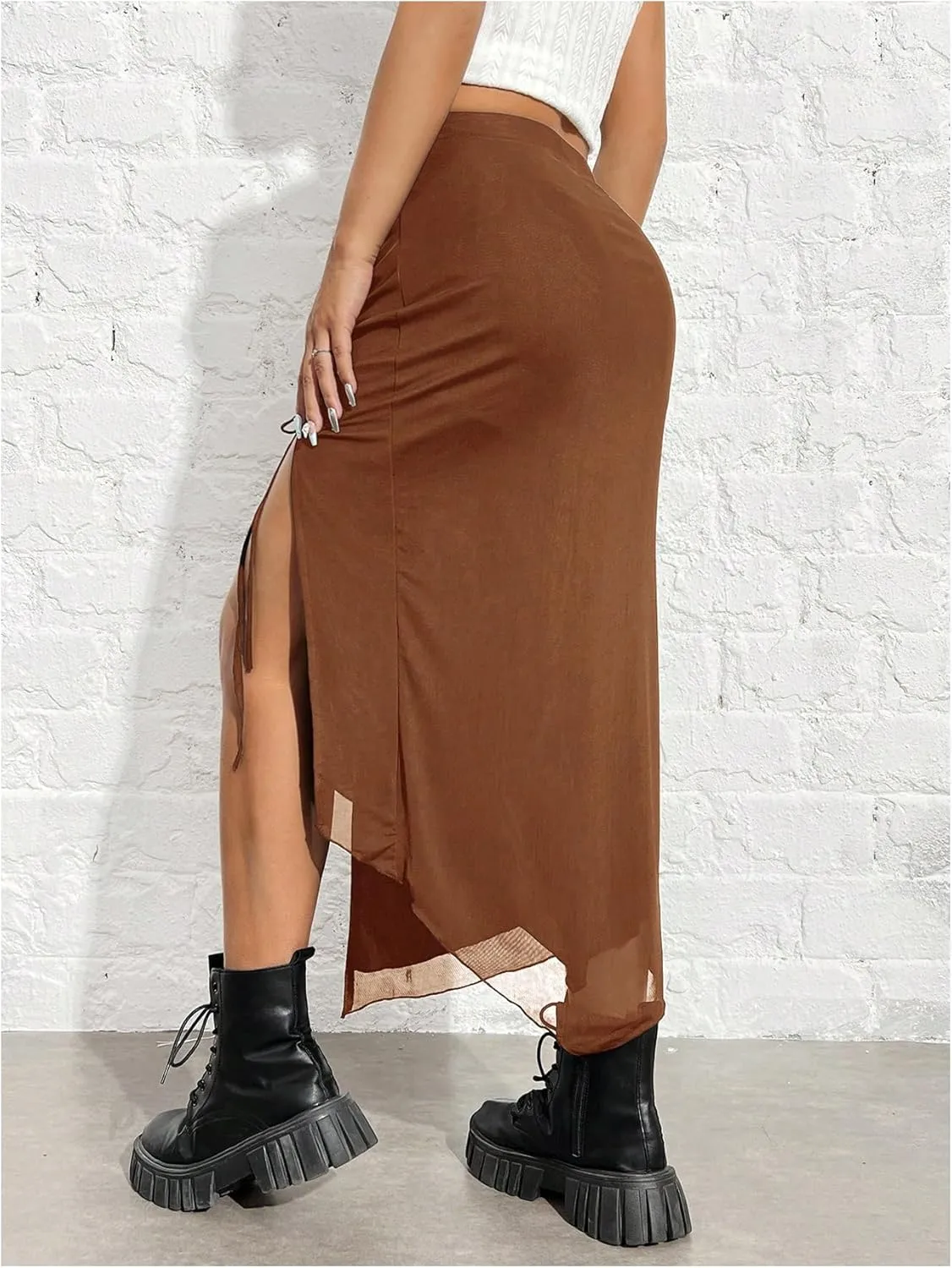 MakeMeChic Women's Casual Split Thigh Slit Drawstring Ruched High Waist Summer Bodycon Pencil Midi Skirts