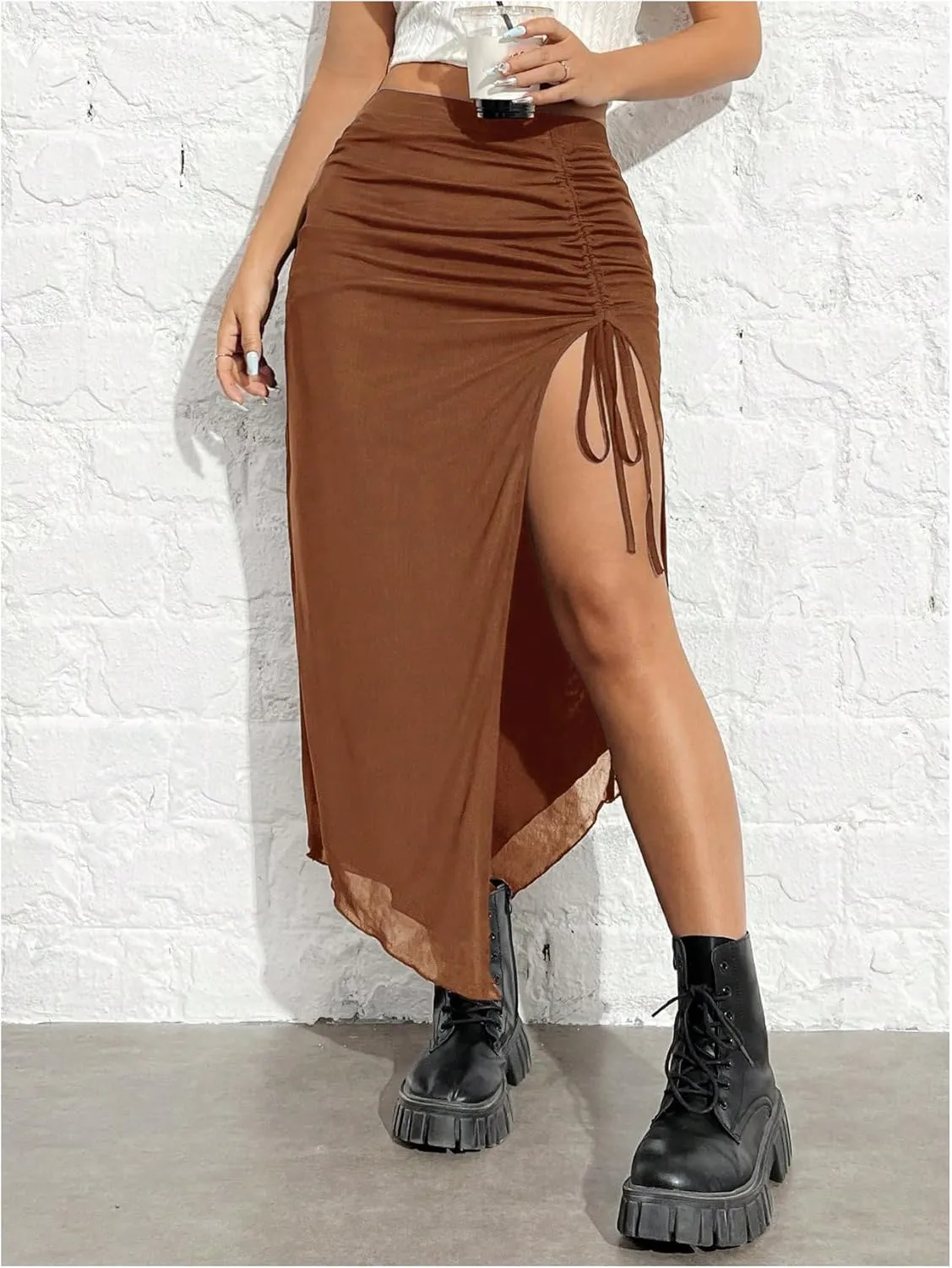 MakeMeChic Women's Casual Split Thigh Slit Drawstring Ruched High Waist Summer Bodycon Pencil Midi Skirts