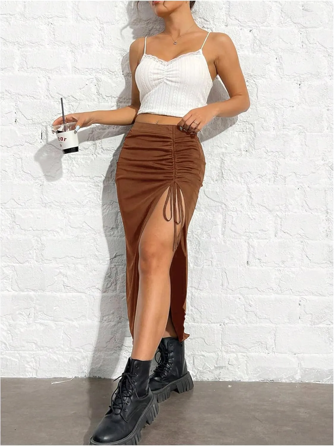 MakeMeChic Women's Casual Split Thigh Slit Drawstring Ruched High Waist Summer Bodycon Pencil Midi Skirts