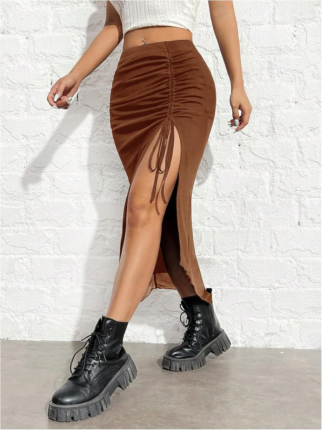 MakeMeChic Women's Casual Split Thigh Slit Drawstring Ruched High Waist Summer Bodycon Pencil Midi Skirts