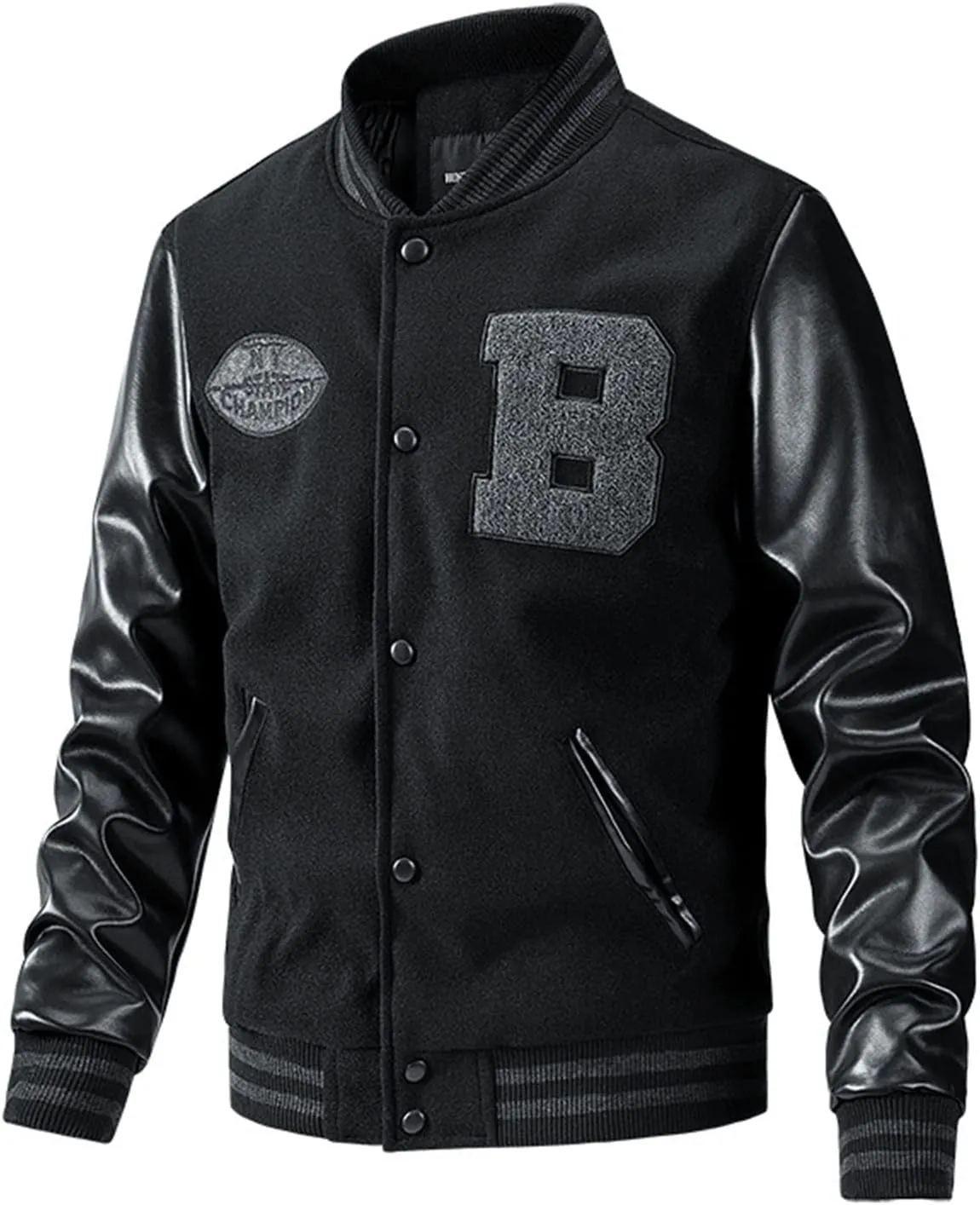 Men's Baseball Jacket Fashion Padded College Varsity Jackets Faux Leather Sleeves Button Down Bomber Coat