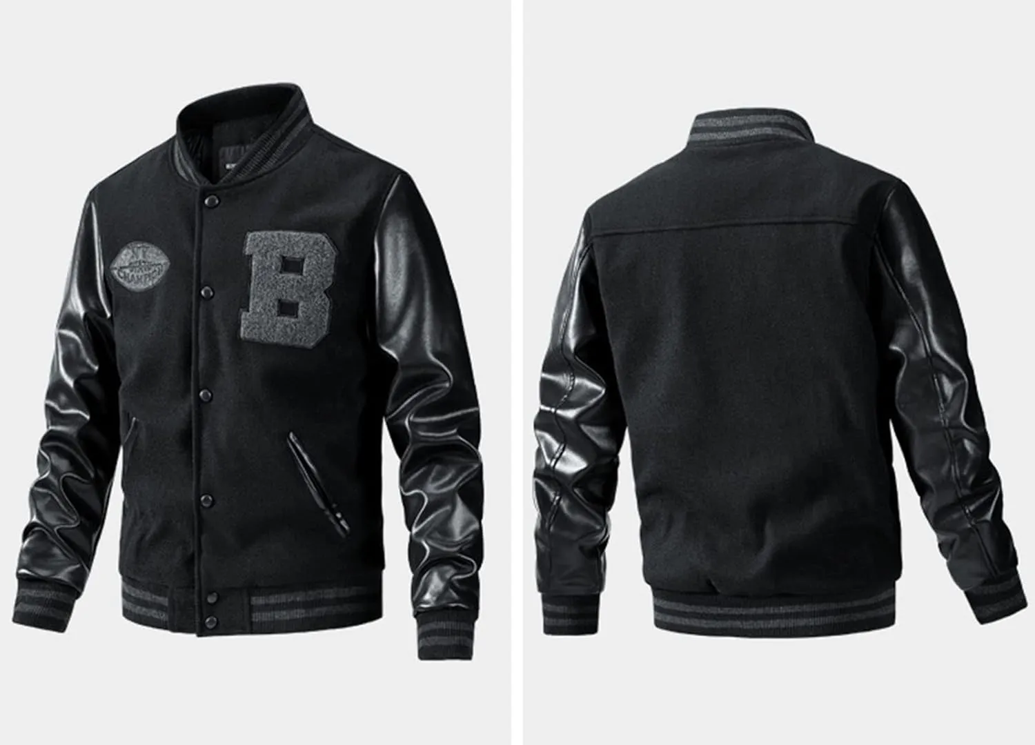 Men's Baseball Jacket Fashion Padded College Varsity Jackets Faux Leather Sleeves Button Down Bomber Coat