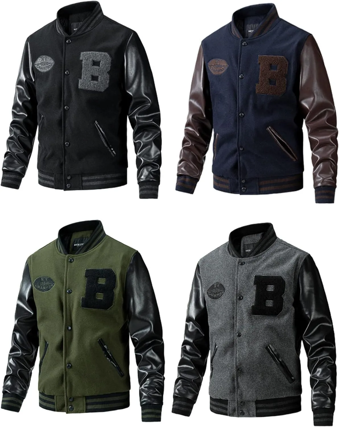 Men's Baseball Jacket Fashion Padded College Varsity Jackets Faux Leather Sleeves Button Down Bomber Coat
