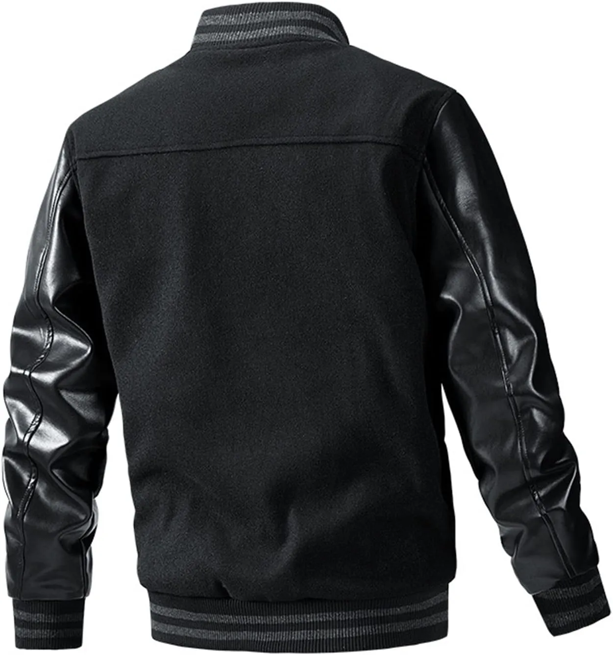 Men's Baseball Jacket Fashion Padded College Varsity Jackets Faux Leather Sleeves Button Down Bomber Coat