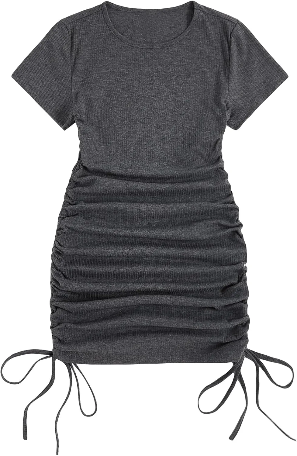 Milumia Women's Casual Rib Knit Short Sleeve Drawstring Ruched Bodycon Mini T Shirt Dress