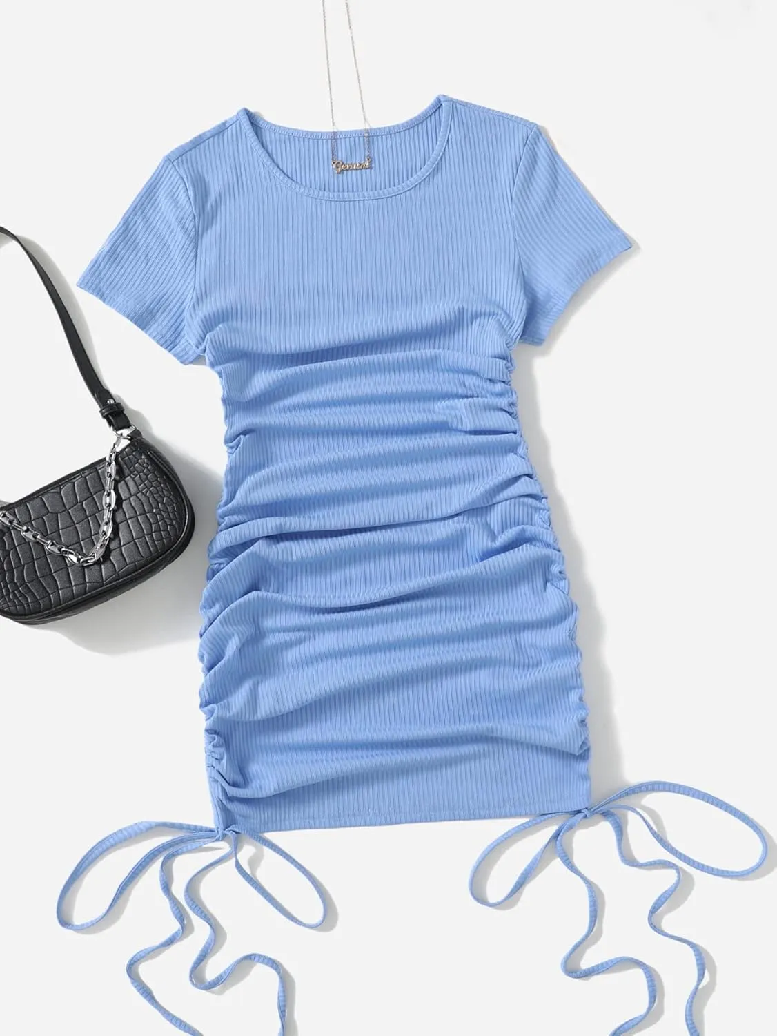 Milumia Women's Casual Rib Knit Short Sleeve Drawstring Ruched Bodycon Mini T Shirt Dress