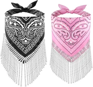 OYANIMO Disco Fringed Bandana 2 Pcs Cowgirl Bachelorette Bandanas Sparkly Rhinestone Fringe Bandanas for Women Men Western