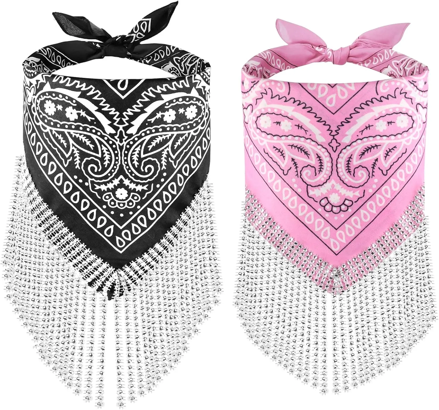 OYANIMO Disco Fringed Bandana 2 Pcs Cowgirl Bachelorette Bandanas Sparkly Rhinestone Fringe Bandanas for Women Men Western