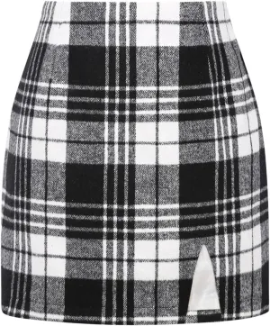 Plaid Mini Skirts for Womens High Waisted Fall Winter Wool Bodycon Pencil Skirts with Slit