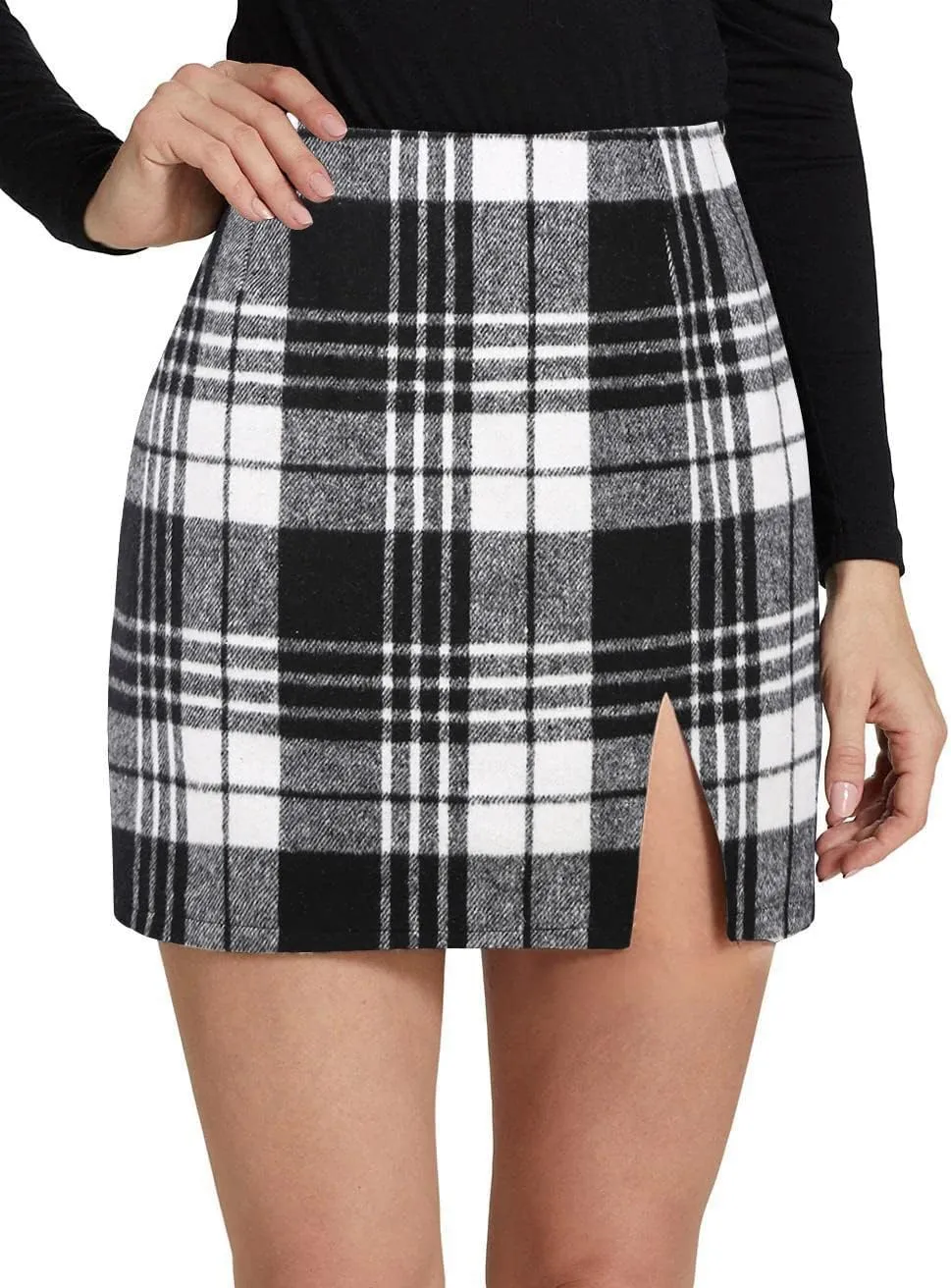 Plaid Mini Skirts for Womens High Waisted Fall Winter Wool Bodycon Pencil Skirts with Slit