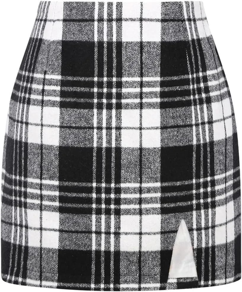Plaid Mini Skirts for Womens High Waisted Fall Winter Wool Bodycon Pencil Skirts with Slit