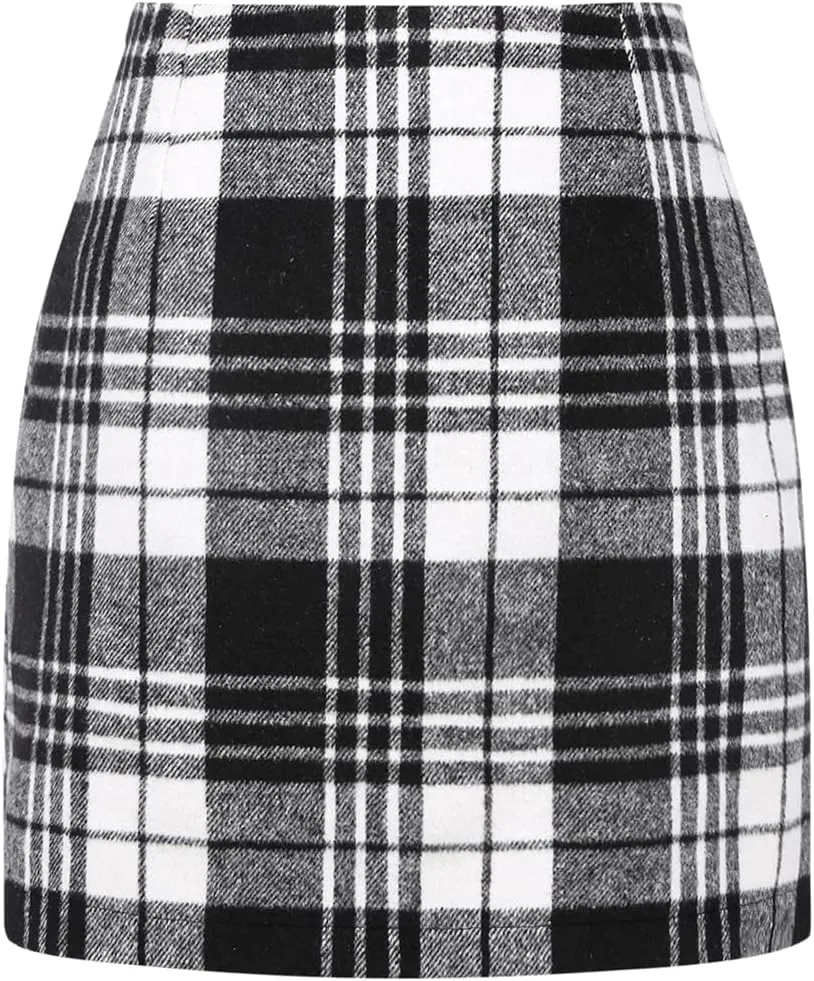 Plaid Mini Skirts for Womens High Waisted Fall Winter Wool Bodycon Pencil Skirts with Slit