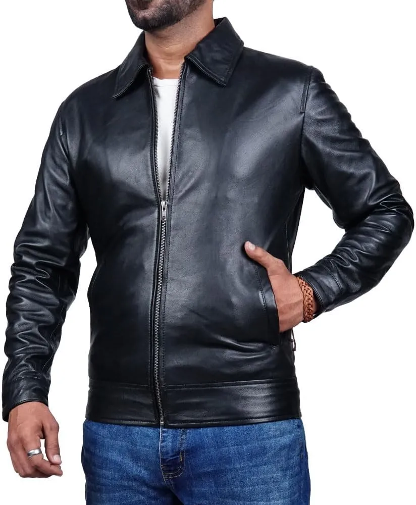Polo Collar Premium Leather Jacket Men Old School Classic Style Everyday Wear Lambskin Mens Leather Jacket