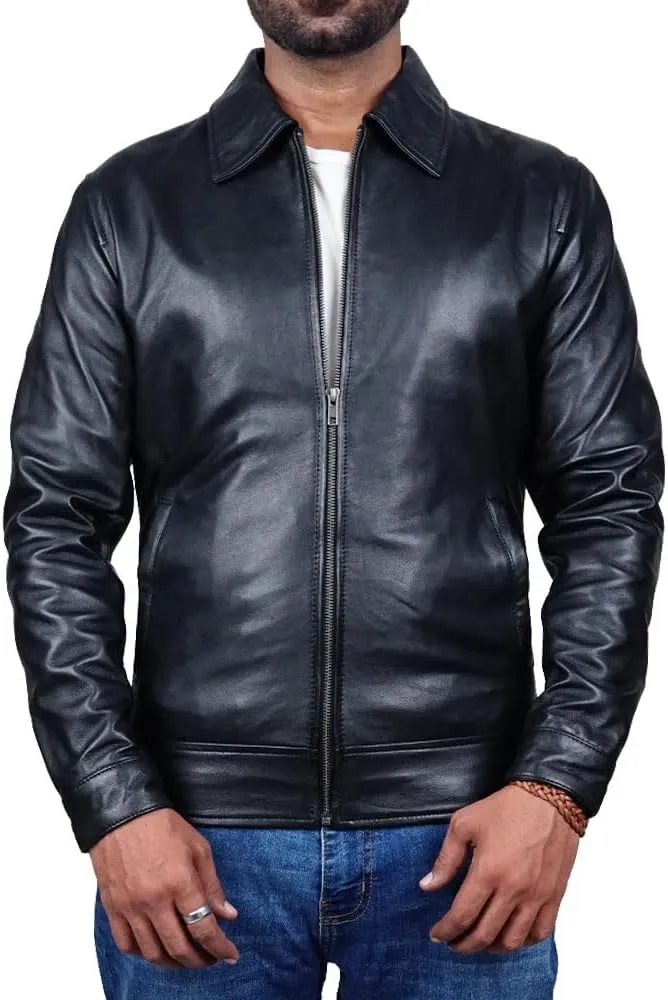 Polo Collar Premium Leather Jacket Men Old School Classic Style Everyday Wear Lambskin Mens Leather Jacket