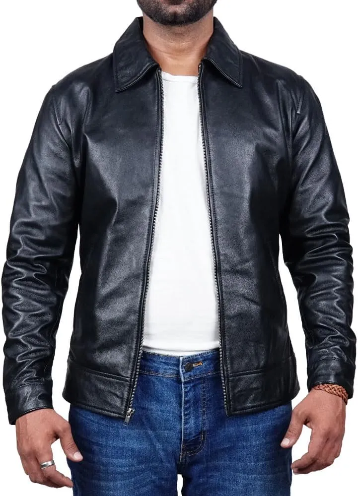 Polo Collar Premium Leather Jacket Men Old School Classic Style Everyday Wear Lambskin Mens Leather Jacket