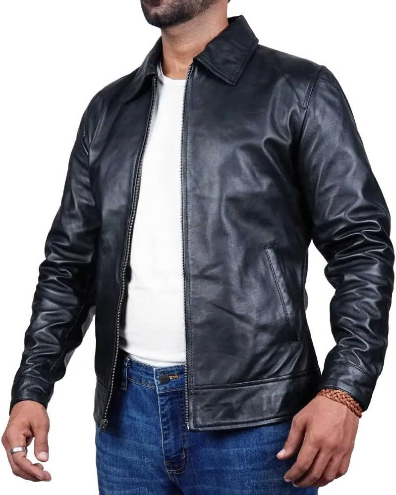 Polo Collar Premium Leather Jacket Men Old School Classic Style Everyday Wear Lambskin Mens Leather Jacket