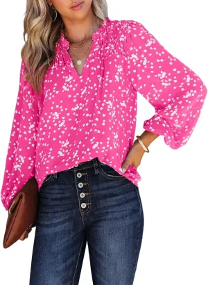 PRETTYGARDEN Womens Floral Spring Tops 2025 V Neck Long Sleeve Blouses Dressy Casual Boho Chiffon Business Work Shirts
