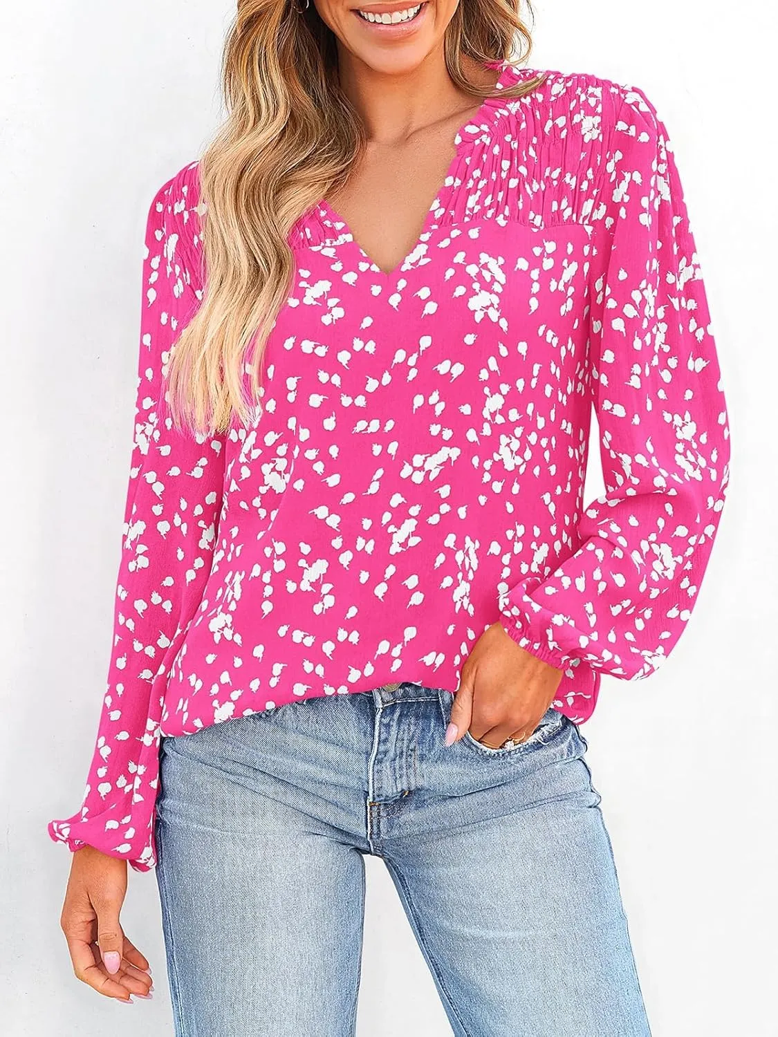 PRETTYGARDEN Womens Floral Spring Tops 2025 V Neck Long Sleeve Blouses Dressy Casual Boho Chiffon Business Work Shirts