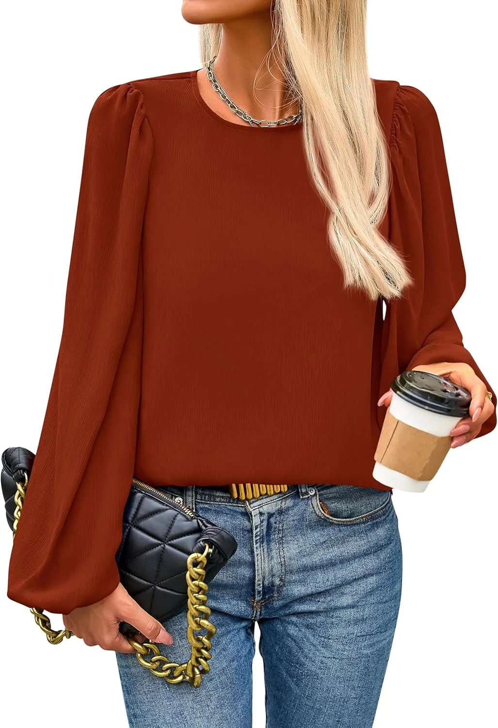 PRETTYGARDEN Womens Tops 2025 Spring Puff Long Sleeve Chiffon Work Blouses Dressy Casual Crewneck Flowy Shirts Fall Outfits