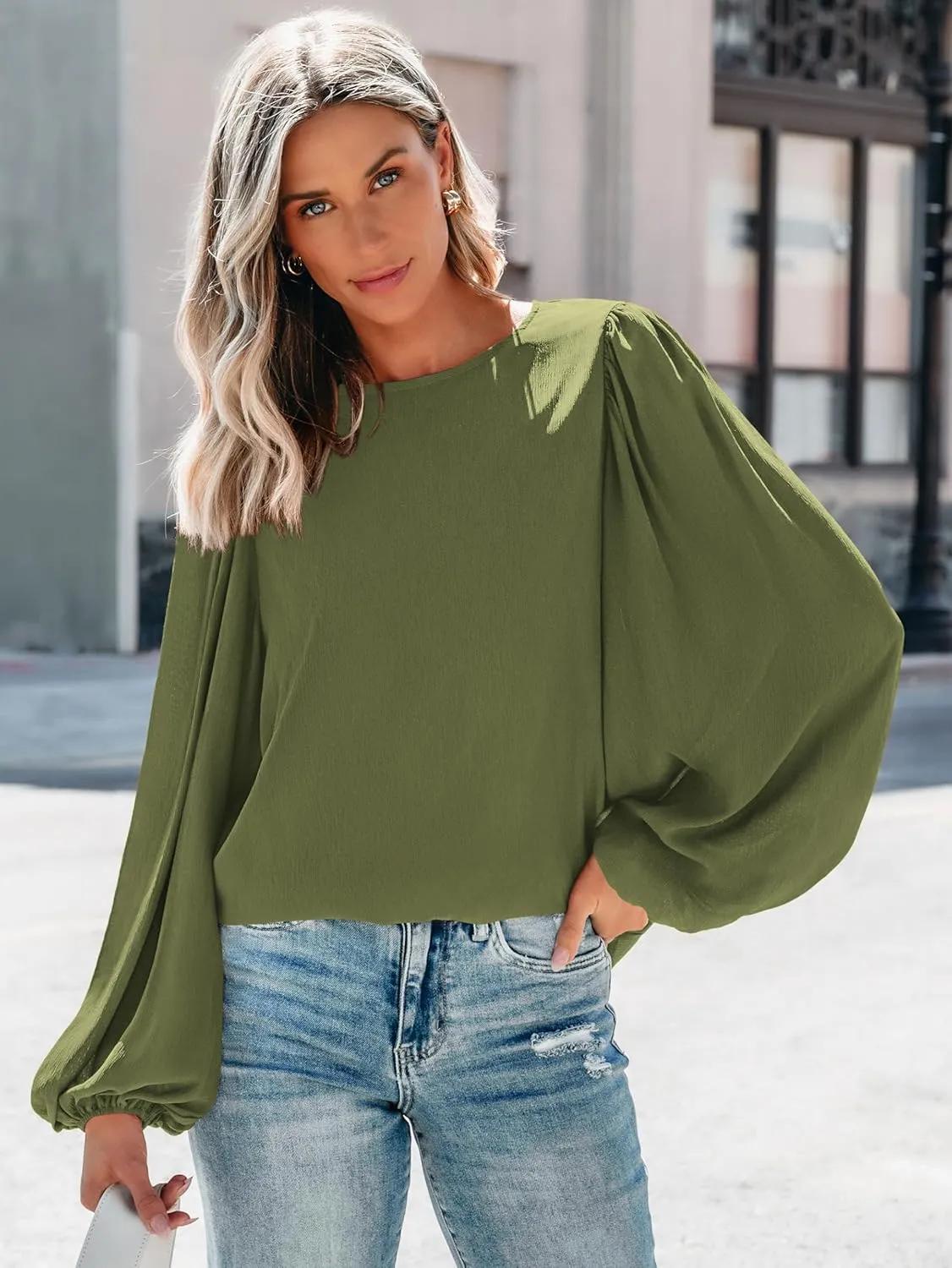PRETTYGARDEN Womens Tops 2025 Spring Puff Long Sleeve Chiffon Work Blouses Dressy Casual Crewneck Flowy Shirts Fall Outfits