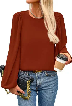 PRETTYGARDEN Womens Tops 2025 Spring Puff Long Sleeve Chiffon Work Blouses Dressy Casual Crewneck Flowy Shirts Fall Outfits