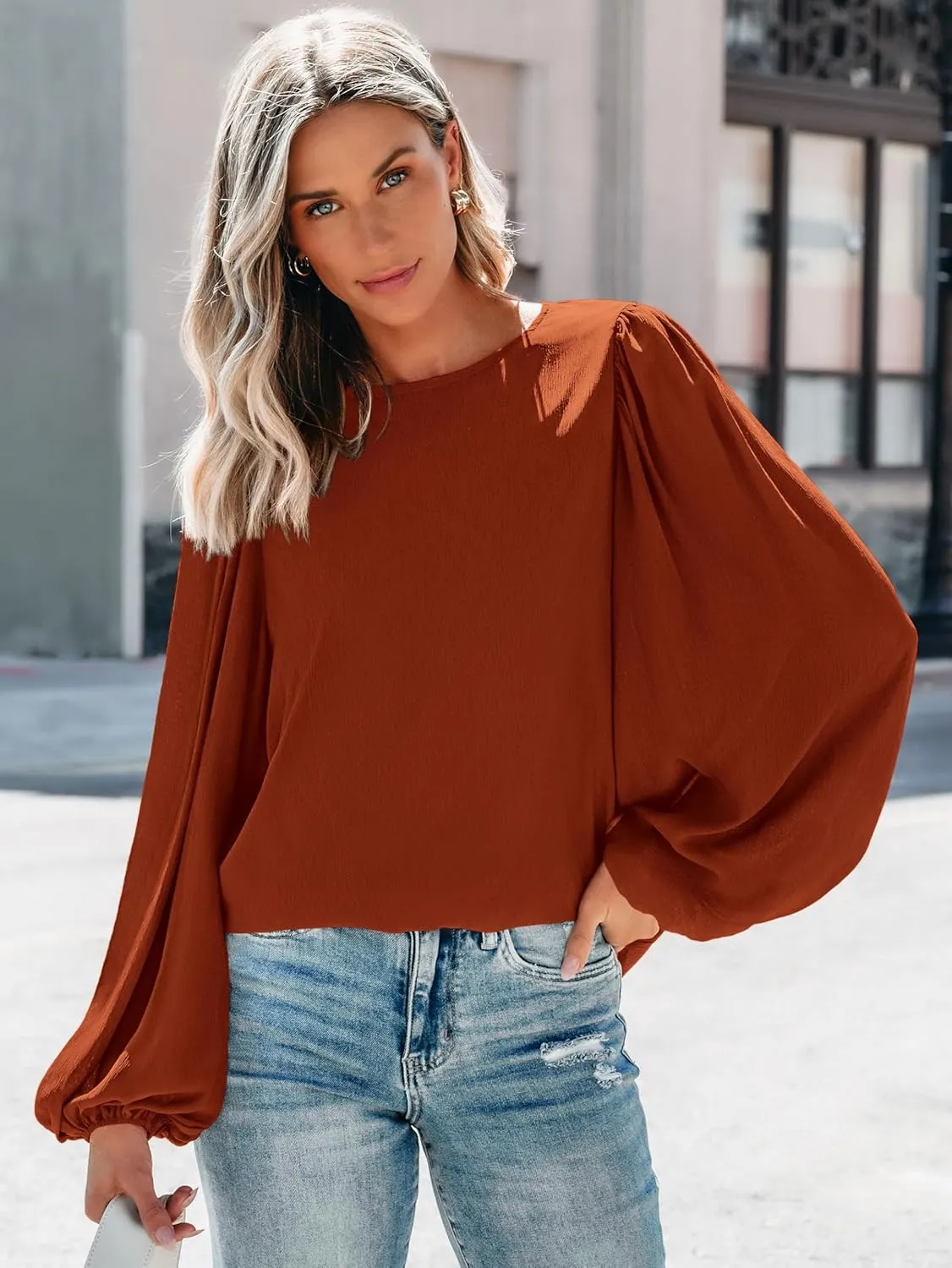 PRETTYGARDEN Womens Tops 2025 Spring Puff Long Sleeve Chiffon Work Blouses Dressy Casual Crewneck Flowy Shirts Fall Outfits