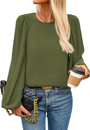 PRETTYGARDEN Womens Tops 2025 Spring Puff Long Sleeve Chiffon Work Blouses Dressy Casual Crewneck Flowy Shirts Fall Outfits