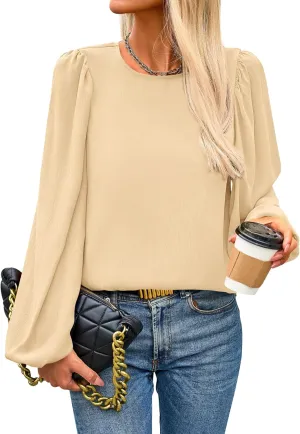 PRETTYGARDEN Womens Tops 2025 Spring Puff Long Sleeve Chiffon Work Blouses Dressy Casual Crewneck Flowy Shirts Fall Outfits