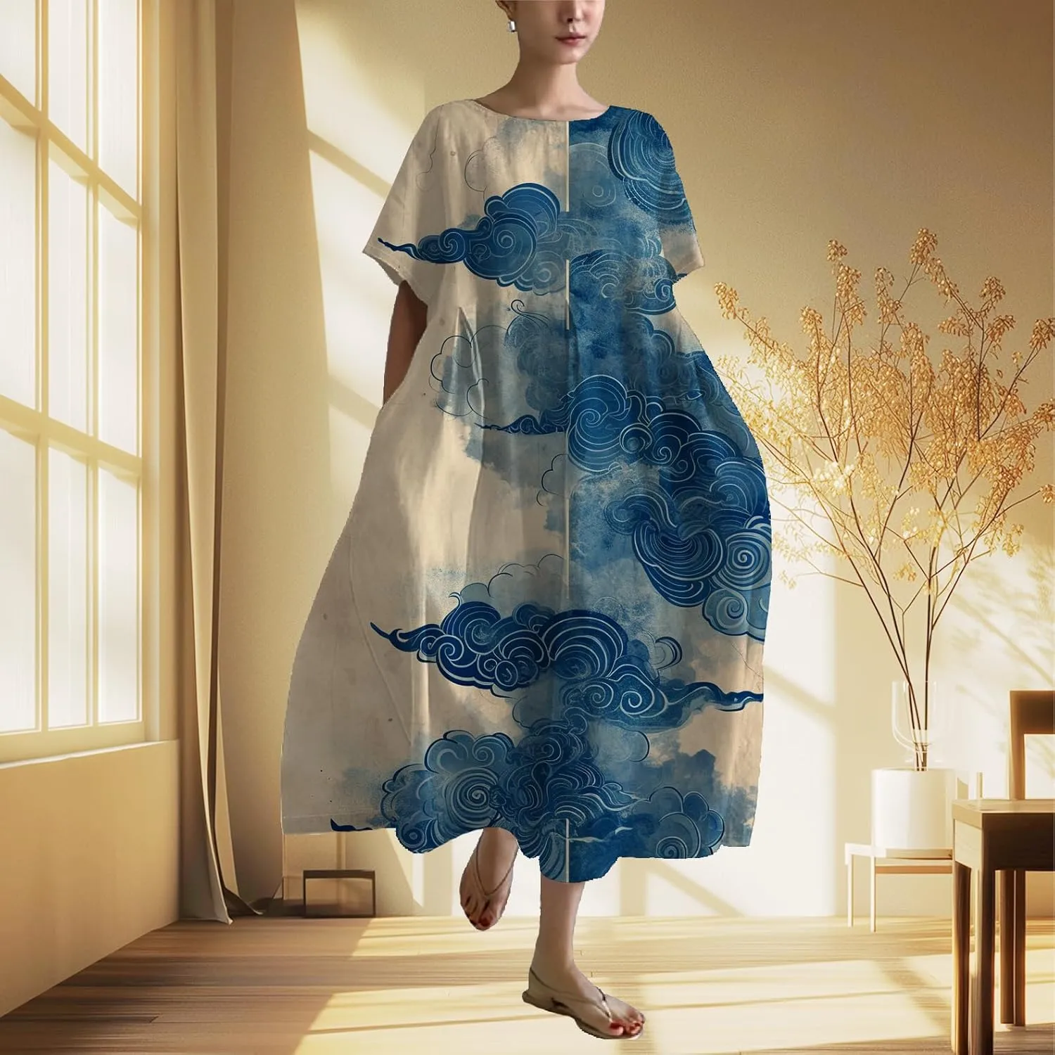 Summer Maxi Dress for Women Casual Plus Size Japanese Art Baggy Loose Fit Crew Neck Short Sleeve Beach Dress