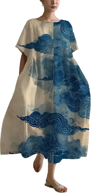 Summer Maxi Dress for Women Casual Plus Size Japanese Art Baggy Loose Fit Crew Neck Short Sleeve Beach Dress