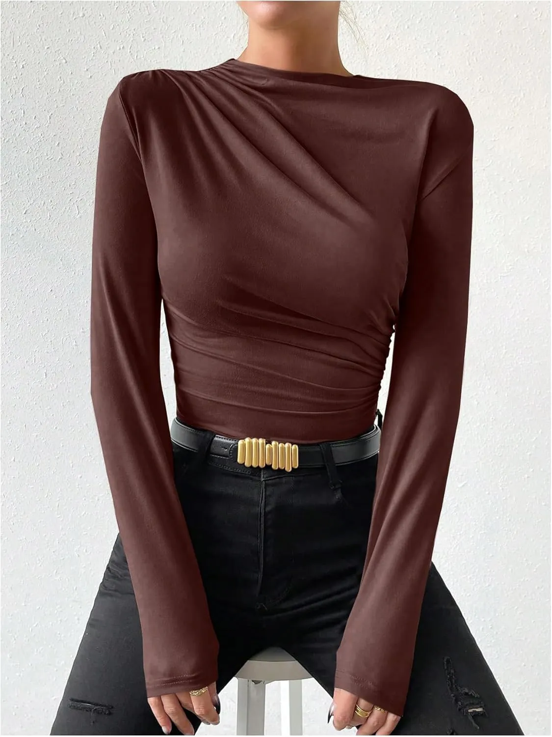 SweatyRocks Women's Ruched Long Sleeve Shirts Mock Neck Fitted T Shirts Basic Tops