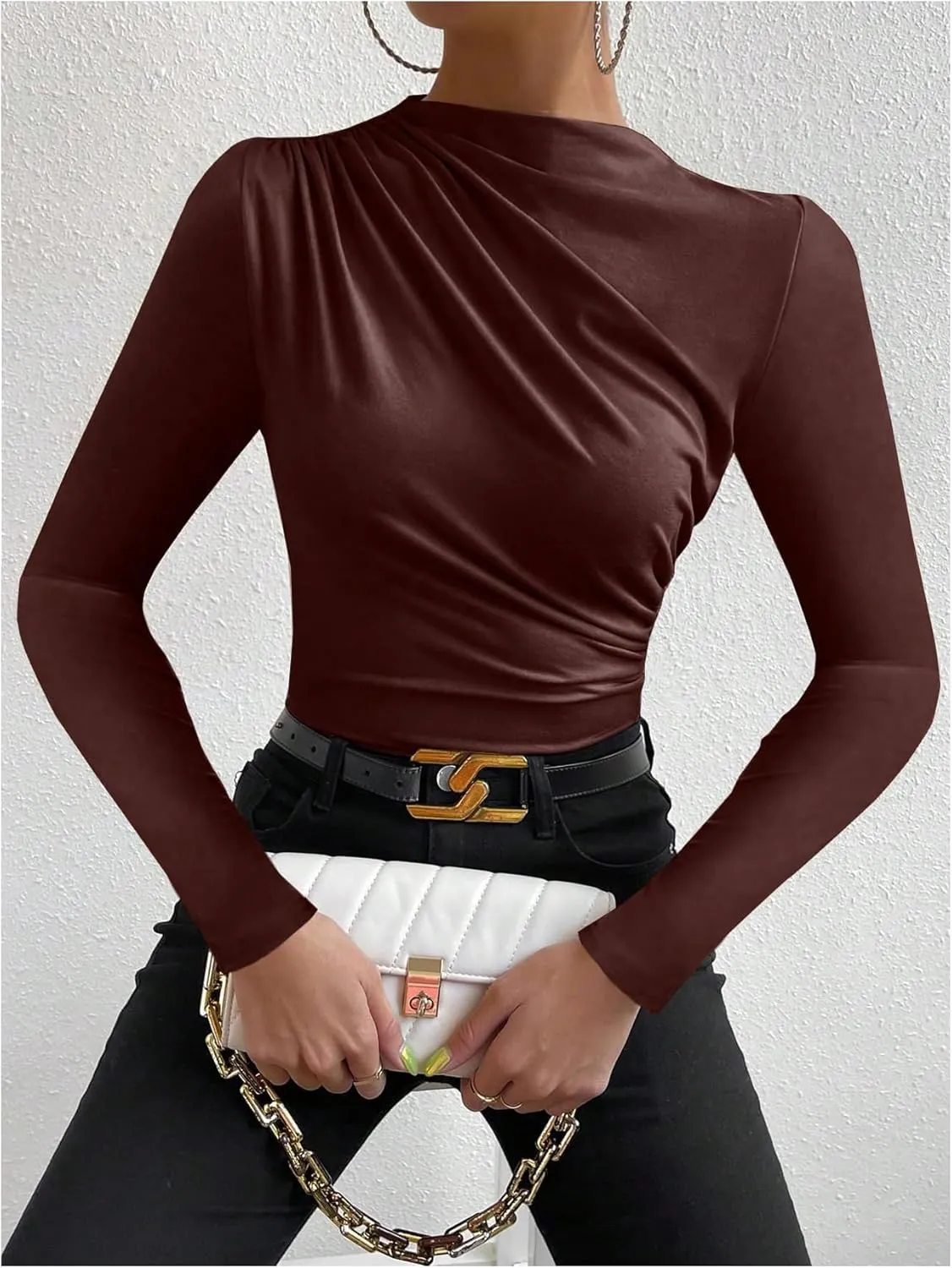 SweatyRocks Women's Ruched Long Sleeve Shirts Mock Neck Fitted T Shirts Basic Tops