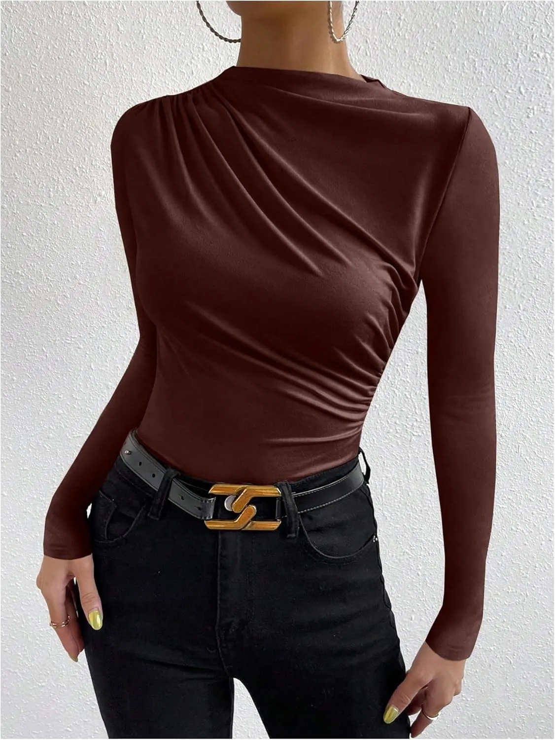 SweatyRocks Women's Ruched Long Sleeve Shirts Mock Neck Fitted T Shirts Basic Tops