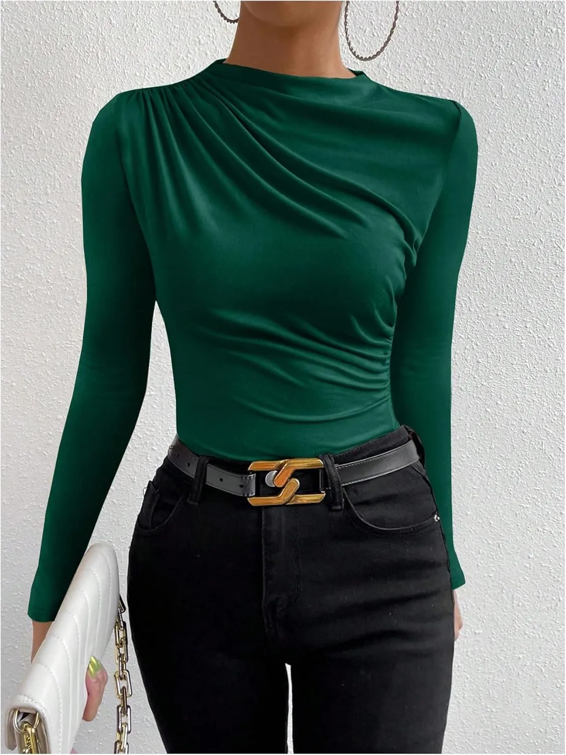SweatyRocks Women's Ruched Long Sleeve Shirts Mock Neck Fitted T Shirts Basic Tops