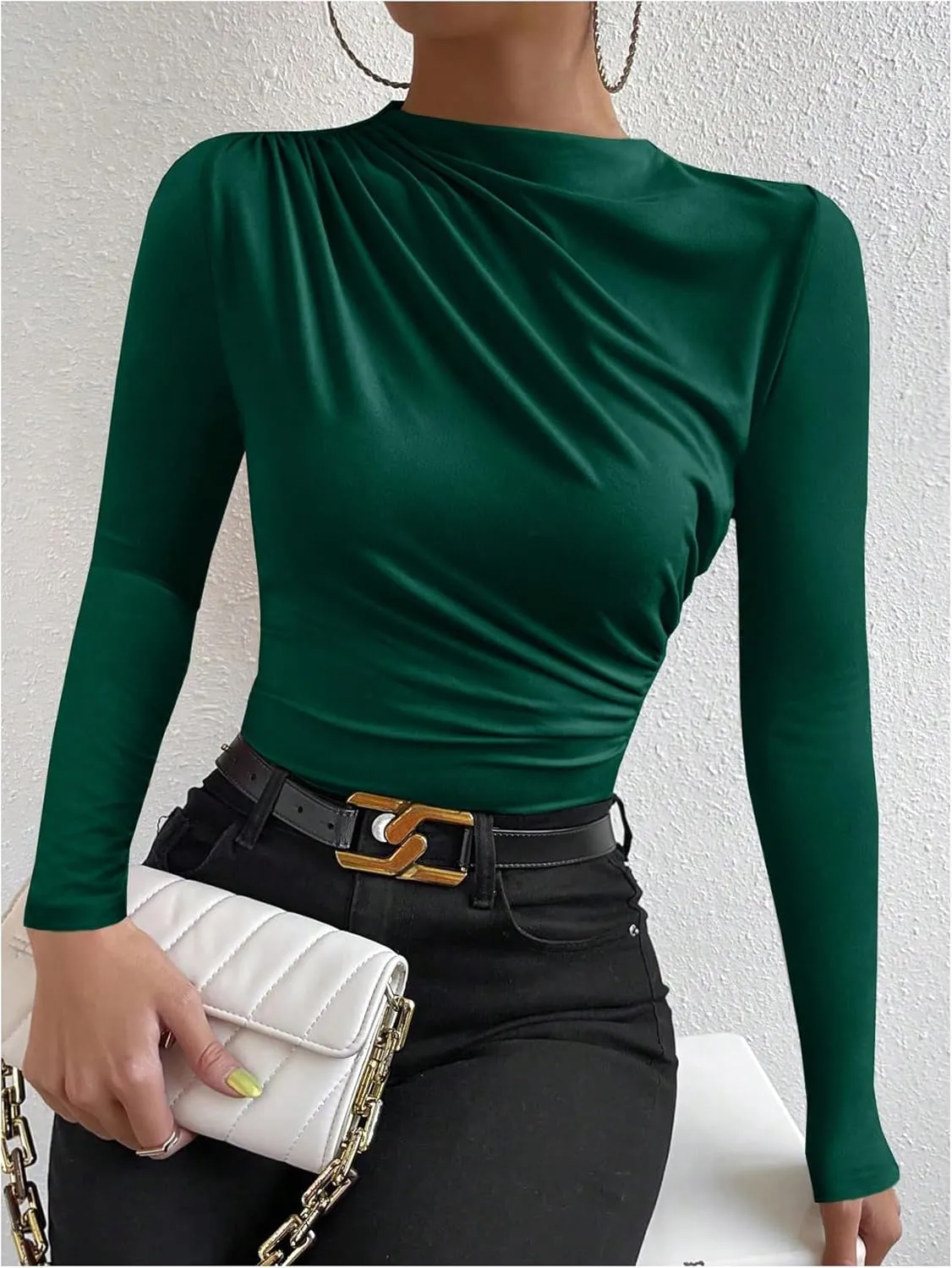 SweatyRocks Women's Ruched Long Sleeve Shirts Mock Neck Fitted T Shirts Basic Tops