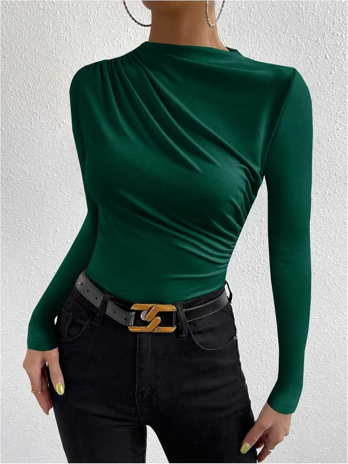 SweatyRocks Women's Ruched Long Sleeve Shirts Mock Neck Fitted T Shirts Basic Tops