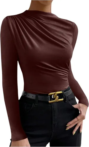 SweatyRocks Women's Ruched Long Sleeve Shirts Mock Neck Fitted T Shirts Basic Tops
