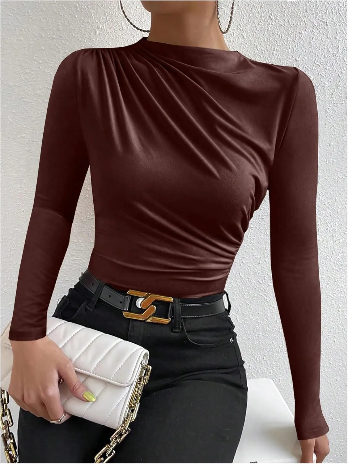 SweatyRocks Women's Ruched Long Sleeve Shirts Mock Neck Fitted T Shirts Basic Tops