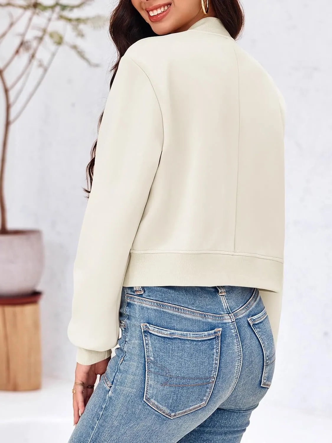 Tankaneo Womens Cropped Bomber Jackets Casual Button Down Long Sleeve Stand Collar Varsity Shacket Coats
