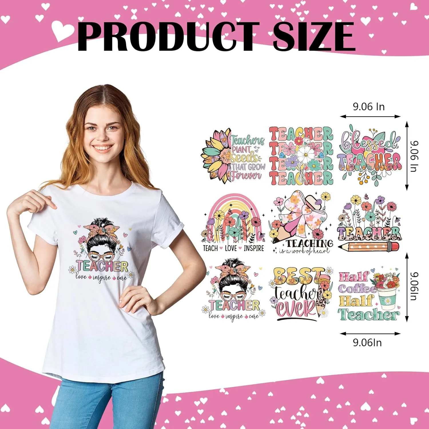 Teacher Iron on Transfers - 12 Sheets Flower Rainbow DTF Ready to Press Heat Transfers Iron on Decals Patches for Appreciation Week Teacher Week T Shirts DIY Crafts Clothing Jeans Thank You Gift