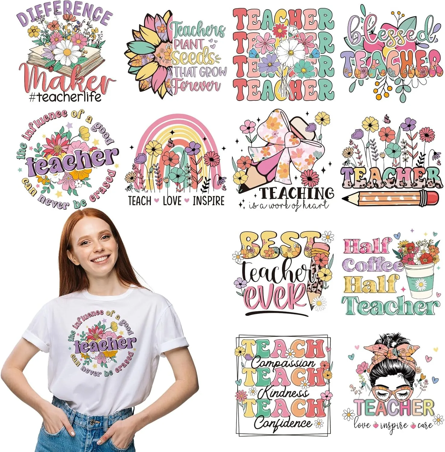 Teacher Iron on Transfers - 12 Sheets Flower Rainbow DTF Ready to Press Heat Transfers Iron on Decals Patches for Appreciation Week Teacher Week T Shirts DIY Crafts Clothing Jeans Thank You Gift