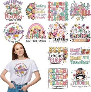 Teacher Iron on Transfers - 12 Sheets Flower Rainbow DTF Ready to Press Heat Transfers Iron on Decals Patches for Appreciation Week Teacher Week T Shirts DIY Crafts Clothing Jeans Thank You Gift