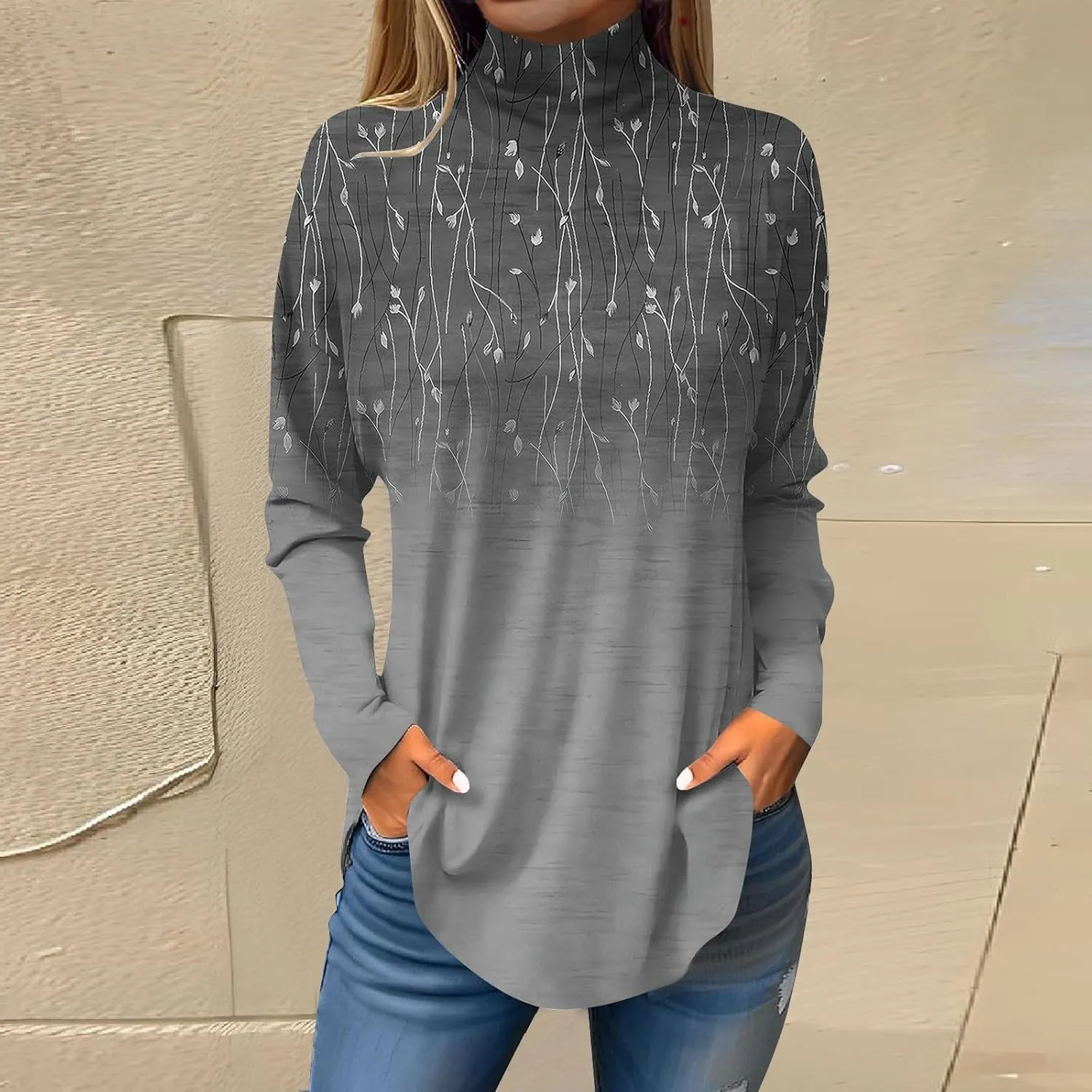 Tunic Tops for Women Loose Fit Fall Long Sleeve Shirts Mock Neck Work Tops Turtle Neck Side Split Floral Print Blouses